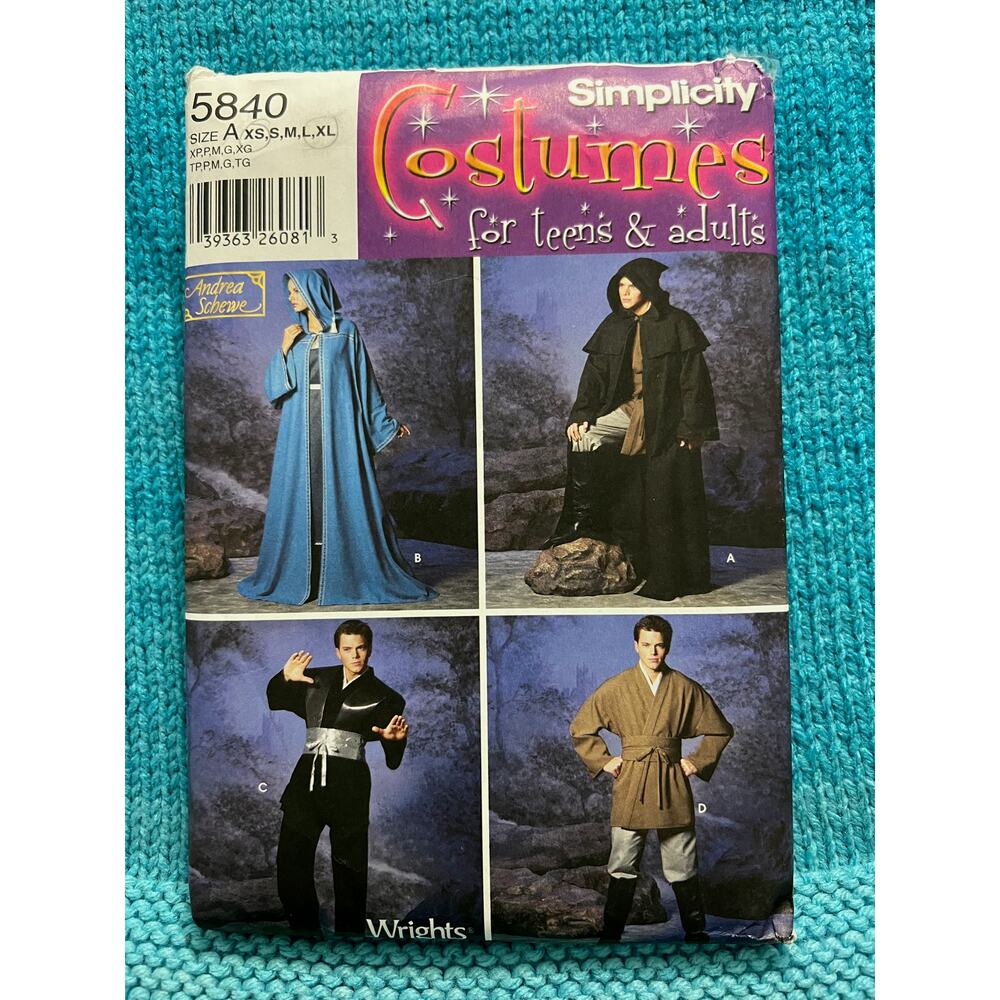 Simplicity 5840 Sewing pattern cloak cape tunic jedi costume size XS